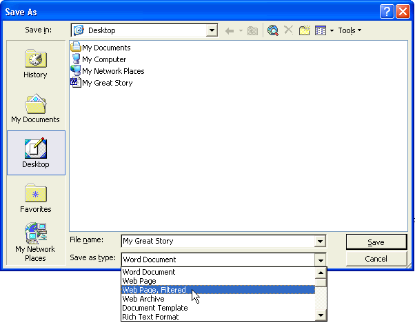 select 'Web Page, Filtered'